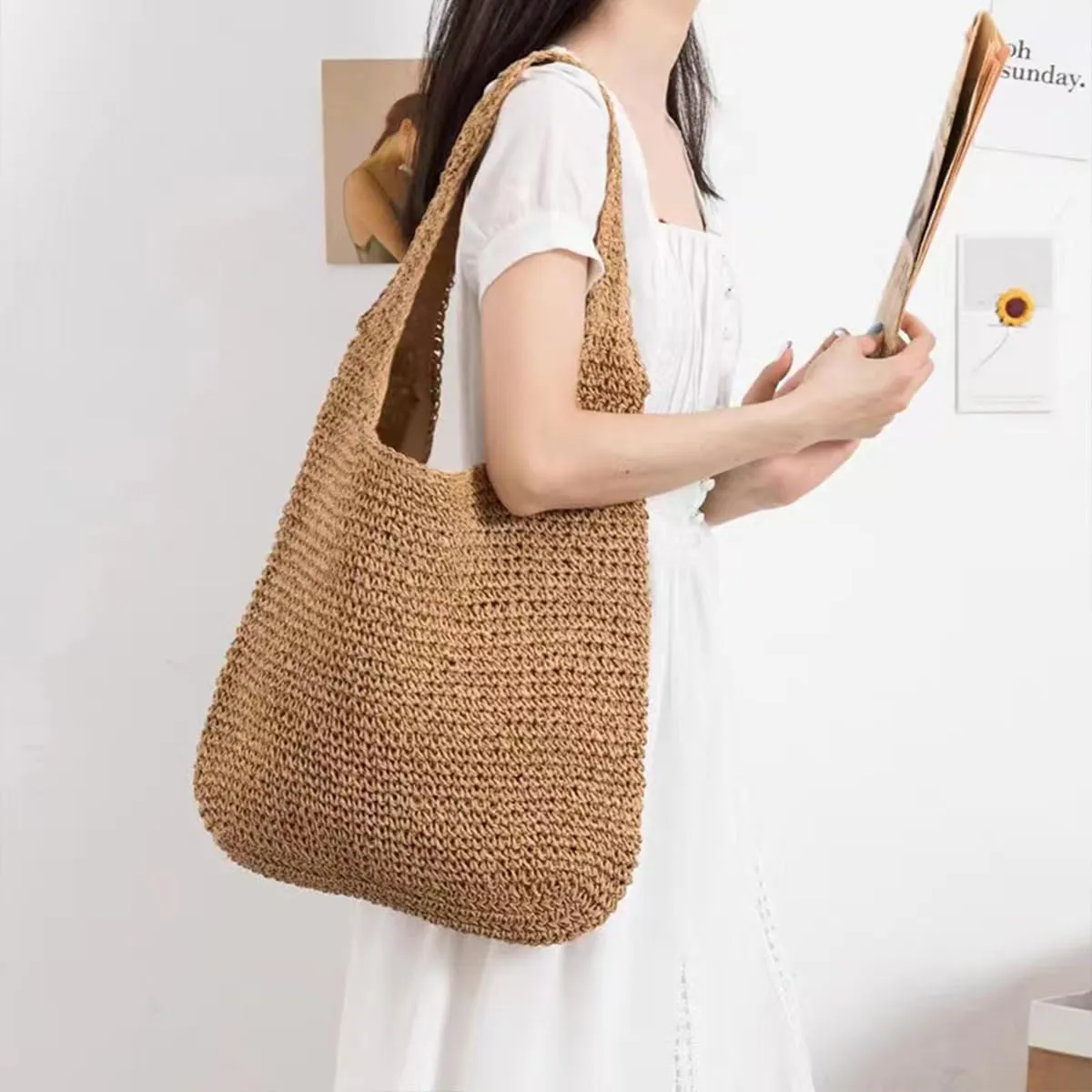 Straw Travel Beach Tote Bag for Women Large Woven Foldable Shoulder Handbags Purse for Summer Vacation