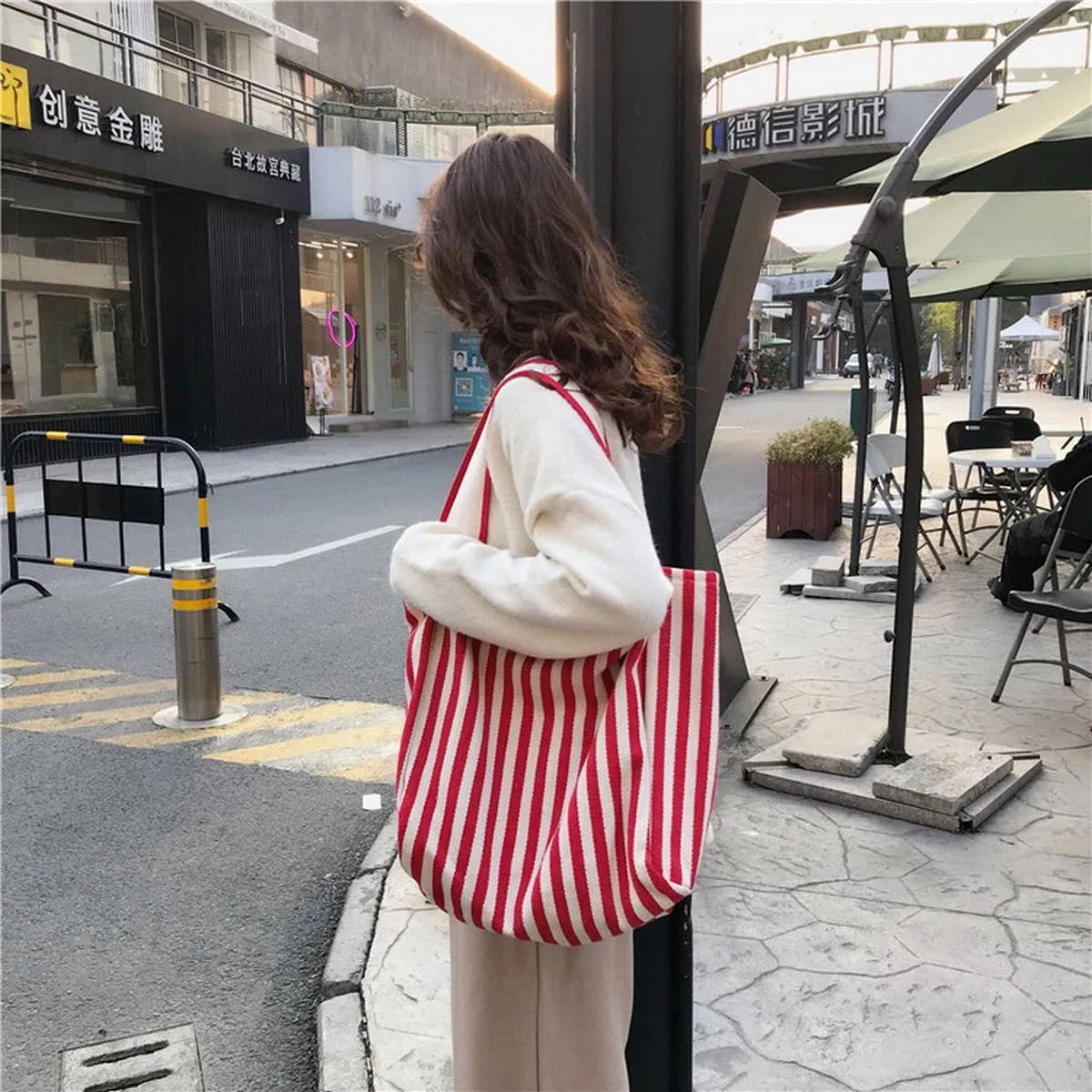 Striped Shoulder Canvas Bag