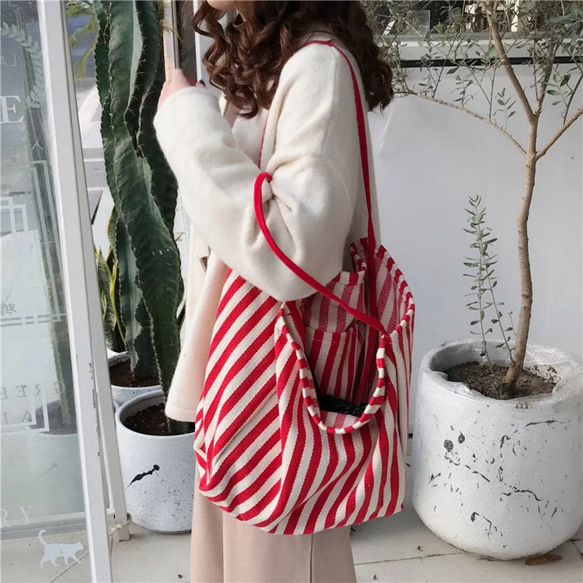 Striped Shoulder Canvas Bag