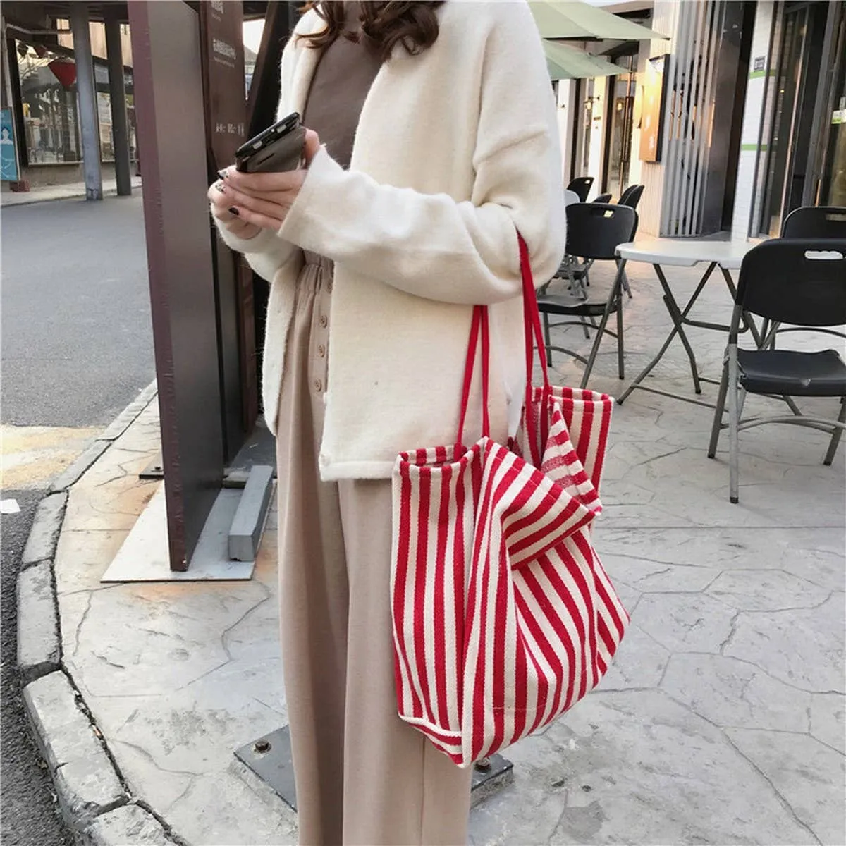 Striped Shoulder Canvas Bag