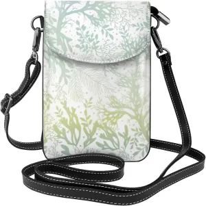 Stylish lightweight Green Sea Blue Seaweed print leather crossbody cell phone bag,cute multi pocket travel purse