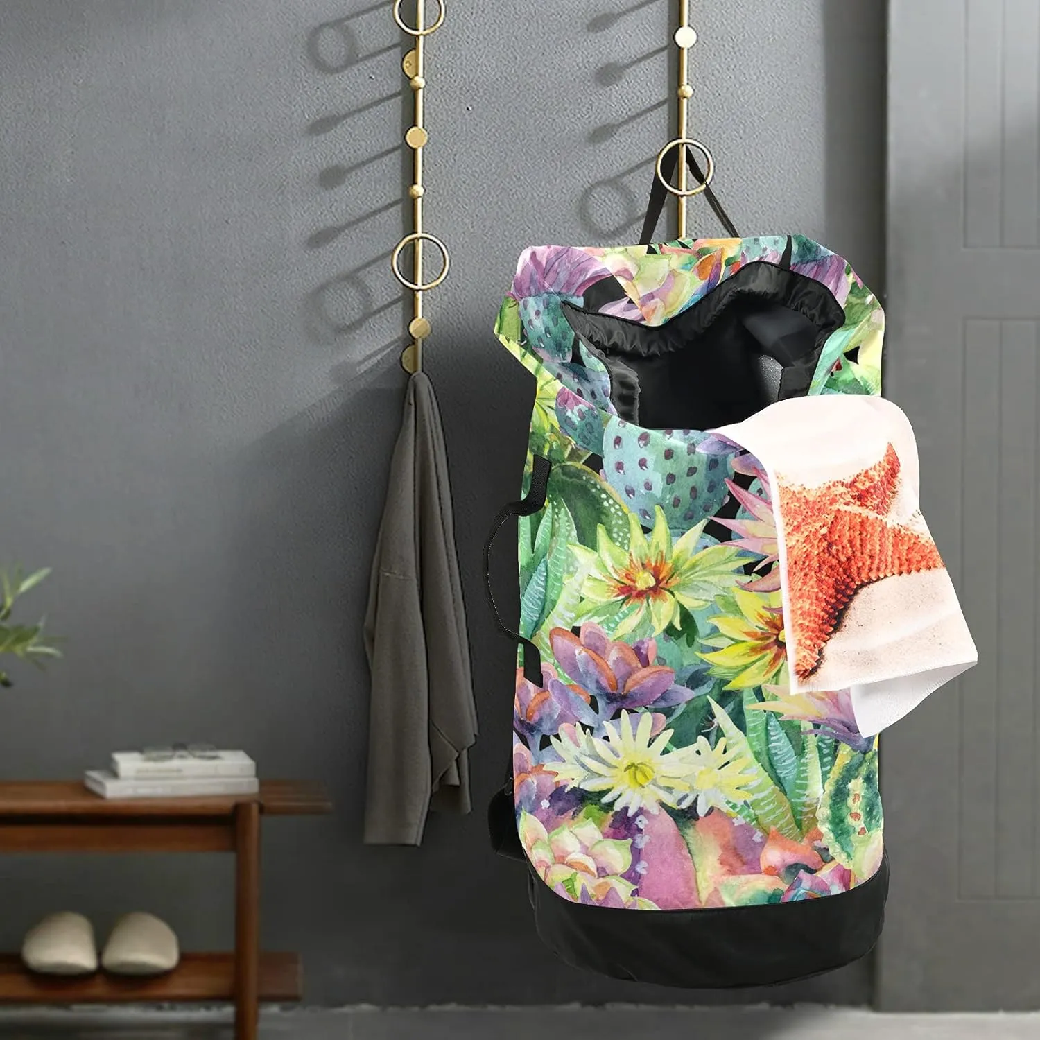 Succulent Cactus Plants Laundry Bag Large Heavy Duty Laundry Backpack with Shoulder Straps Waterproof Laundry bag for Traveling Camp Dirty Clothes Organizer for College Students
