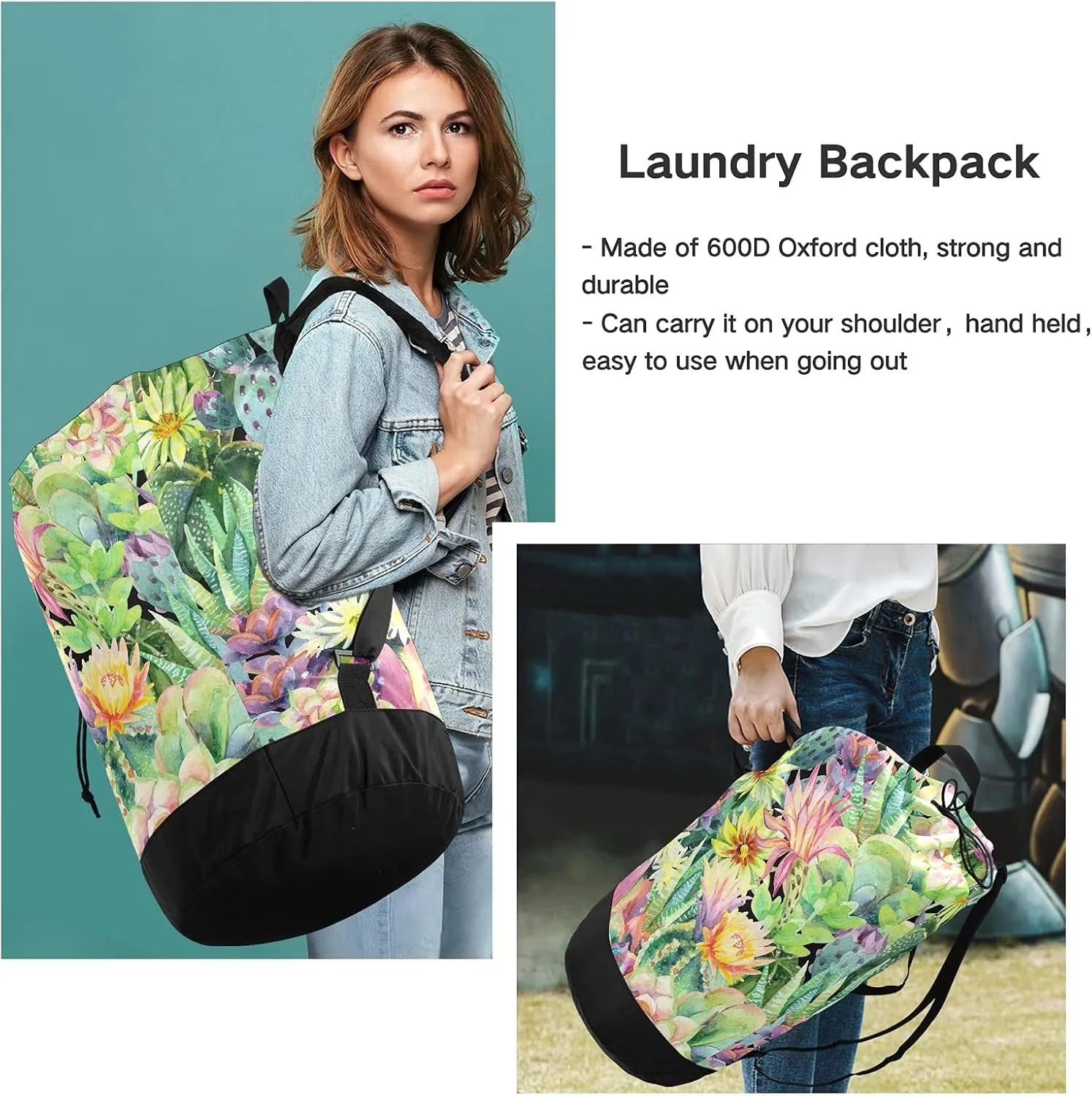 Succulent Cactus Plants Laundry Bag Large Heavy Duty Laundry Backpack with Shoulder Straps Waterproof Laundry bag for Traveling Camp Dirty Clothes Organizer for College Students