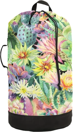 Succulent Cactus Plants Laundry Bag Large Heavy Duty Laundry Backpack with Shoulder Straps Waterproof Laundry bag for Traveling Camp Dirty Clothes Organizer for College Students