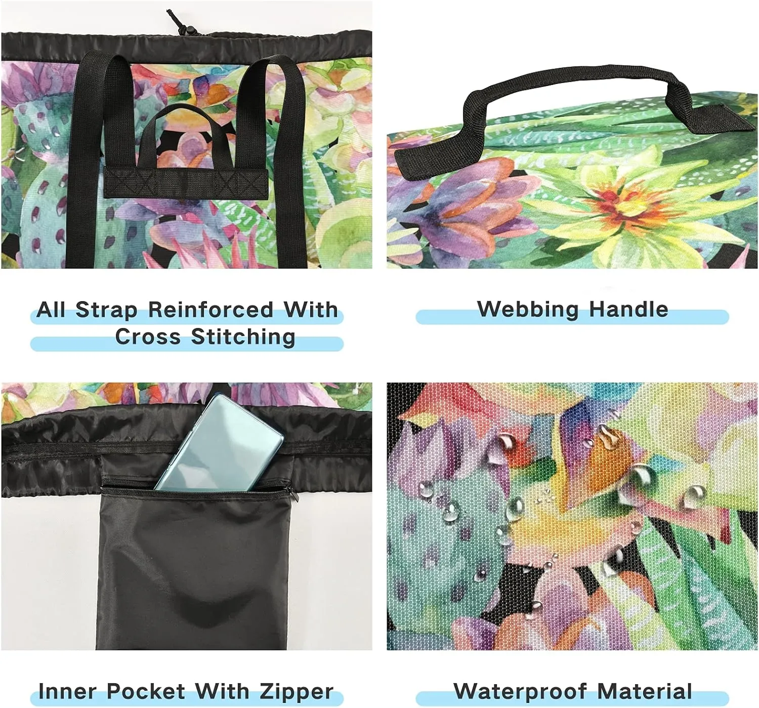 Succulent Cactus Plants Laundry Bag Large Heavy Duty Laundry Backpack with Shoulder Straps Waterproof Laundry bag for Traveling Camp Dirty Clothes Organizer for College Students