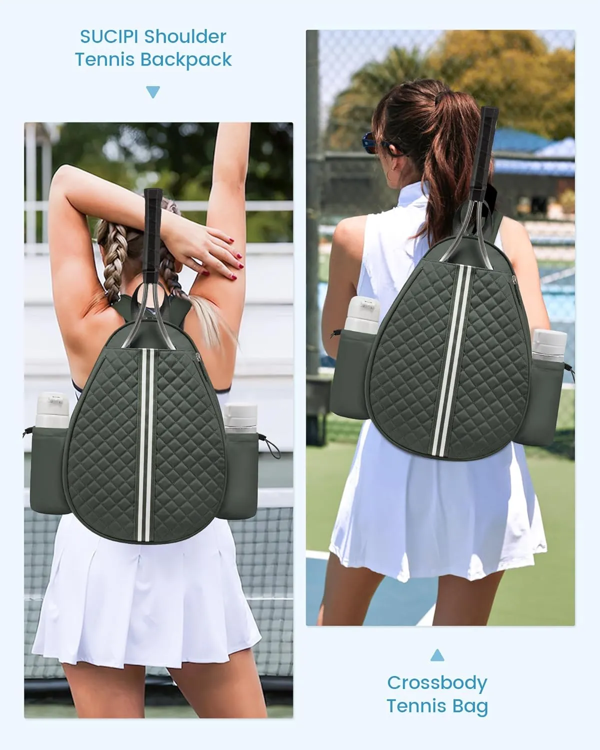 Sucipi Tennis Bag, Quilted Tennis Sling Crossbody Backpack, Water Resistant Tennis Racket Bags for Women Men, Suitable for Pickleball Tennis Badminton