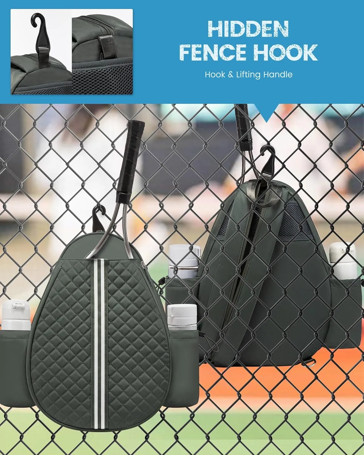 Sucipi Tennis Bag, Quilted Tennis Sling Crossbody Backpack, Water Resistant Tennis Racket Bags for Women Men, Suitable for Pickleball Tennis Badminton