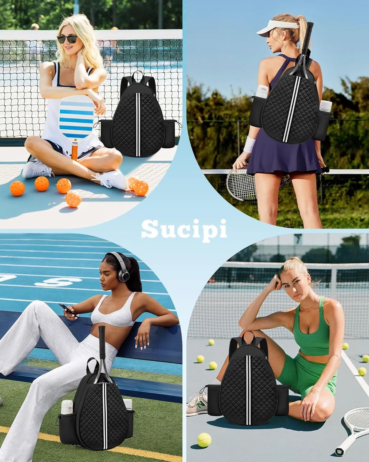 Sucipi Tennis Bag, Quilted Tennis Sling Crossbody Backpack, Water Resistant Tennis Racket Bags for Women Men, Suitable for Pickleball Tennis Badminton
