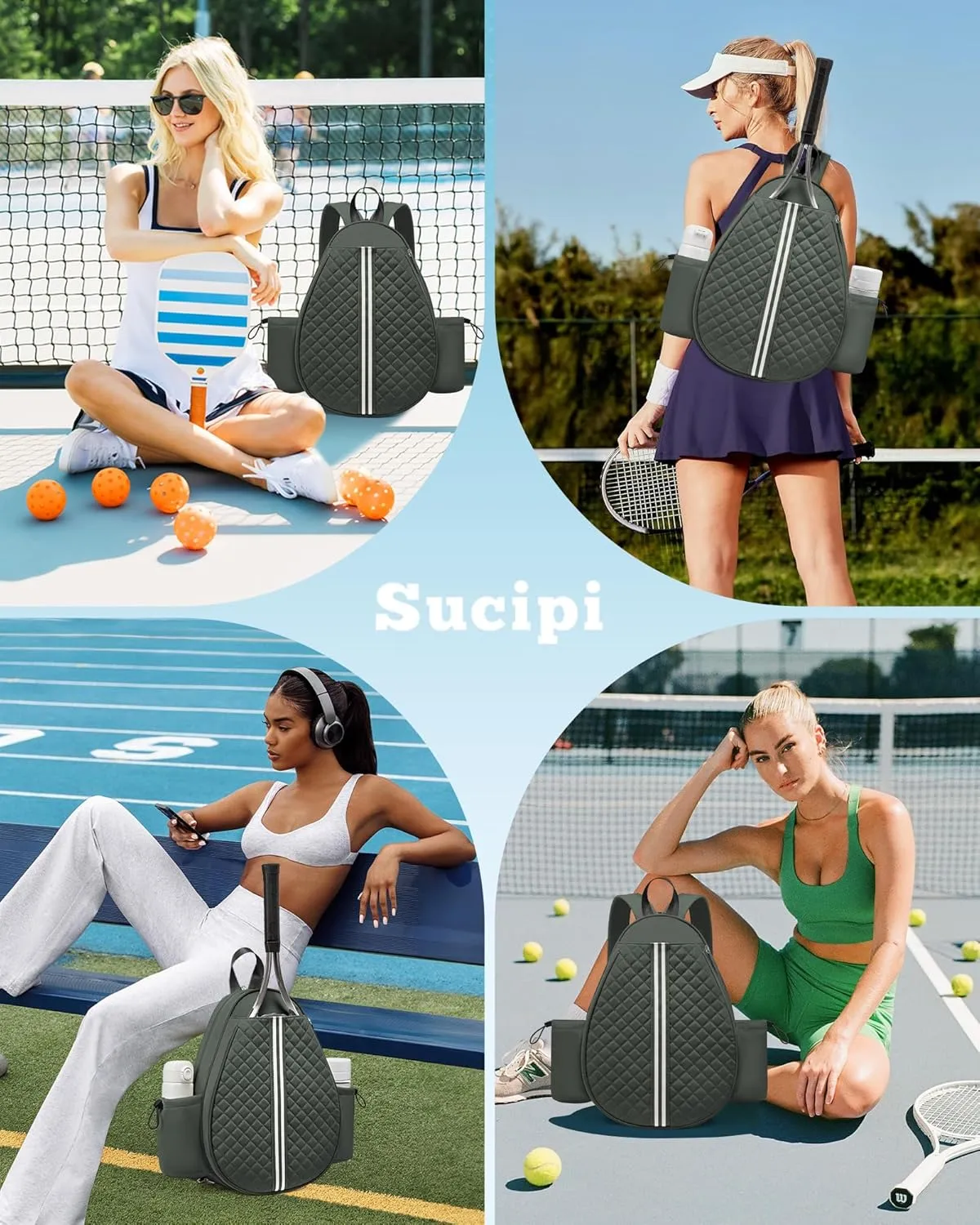 Sucipi Tennis Bag, Quilted Tennis Sling Crossbody Backpack, Water Resistant Tennis Racket Bags for Women Men, Suitable for Pickleball Tennis Badminton