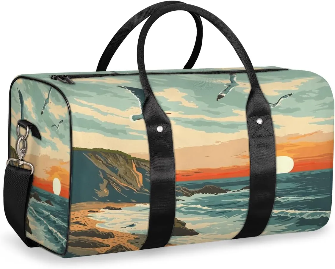Summer Beach Coastal Travel Duffle Bag, Sports Gym Bags for Women Men, Carry On Weekender Overnight Bag, Ocean Landscape Scenery Workout Hospital Airplane Trips Bag
