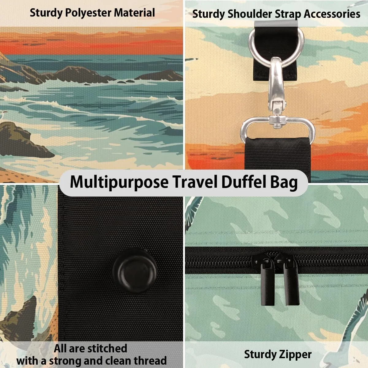 Summer Beach Coastal Travel Duffle Bag, Sports Gym Bags for Women Men, Carry On Weekender Overnight Bag, Ocean Landscape Scenery Workout Hospital Airplane Trips Bag
