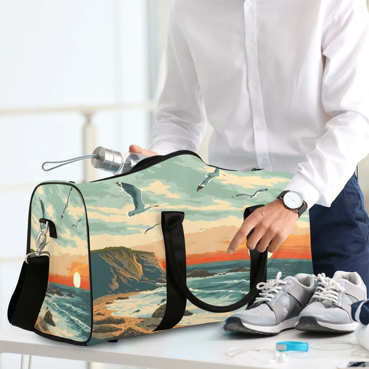 Summer Beach Coastal Travel Duffle Bag, Sports Gym Bags for Women Men, Carry On Weekender Overnight Bag, Ocean Landscape Scenery Workout Hospital Airplane Trips Bag