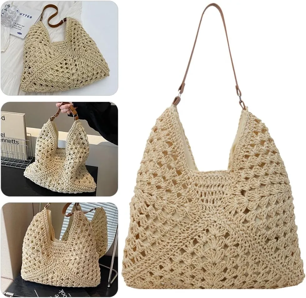 Summer Straw Bag Hollow Out Beach Shoulder Bag Large Hobo Bag Solid Color Holiday Travel Handbag Boho Shoulder Purse