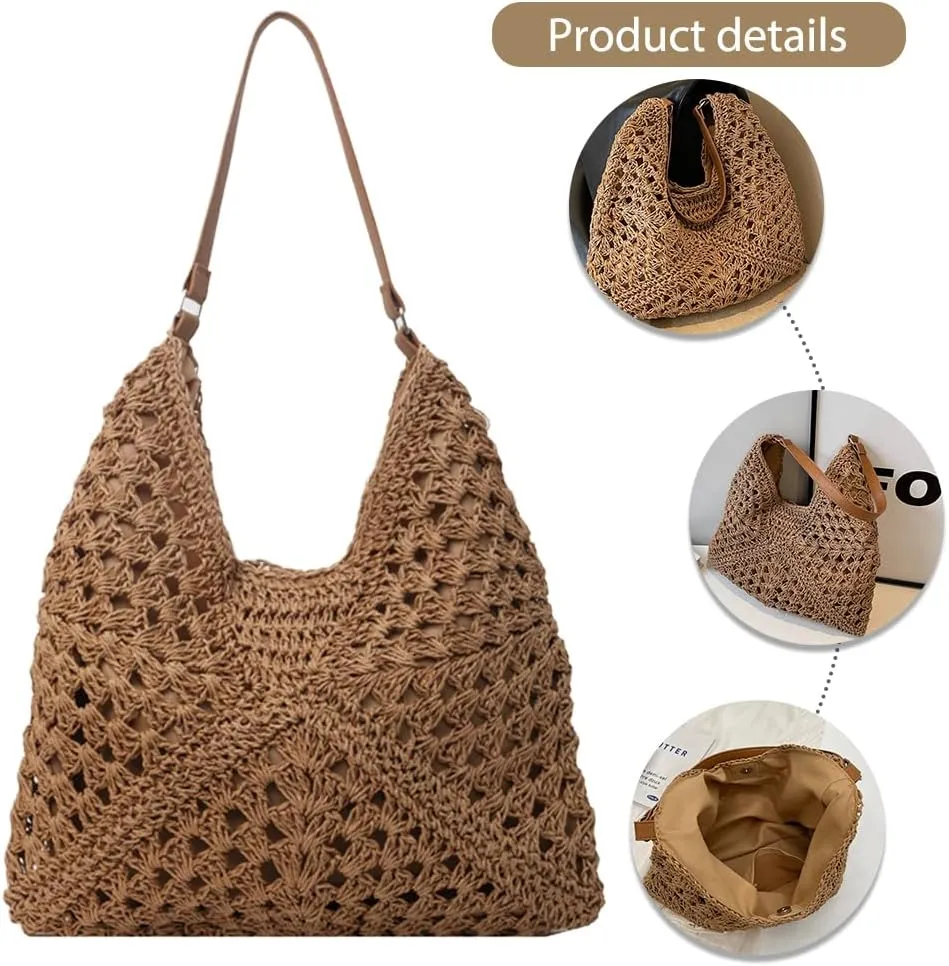 Summer Straw Bag Hollow Out Beach Shoulder Bag Large Hobo Bag Solid Color Holiday Travel Handbag Boho Shoulder Purse