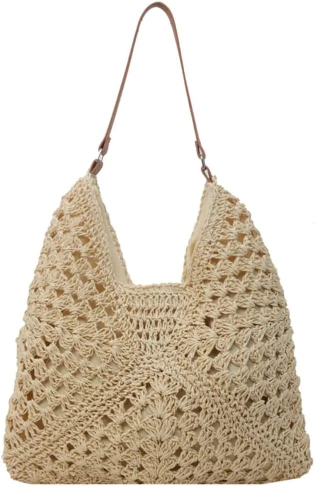 Summer Straw Bag Hollow Out Beach Shoulder Bag Large Hobo Bag Solid Color Holiday Travel Handbag Boho Shoulder Purse