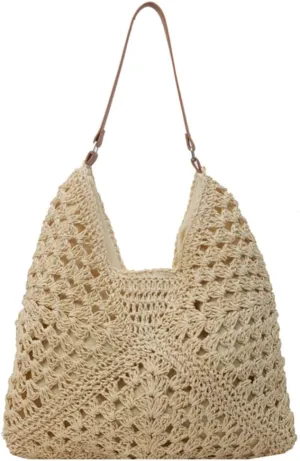 Summer Straw Bag Hollow Out Beach Shoulder Bag Large Hobo Bag Solid Color Holiday Travel Handbag Boho Shoulder Purse