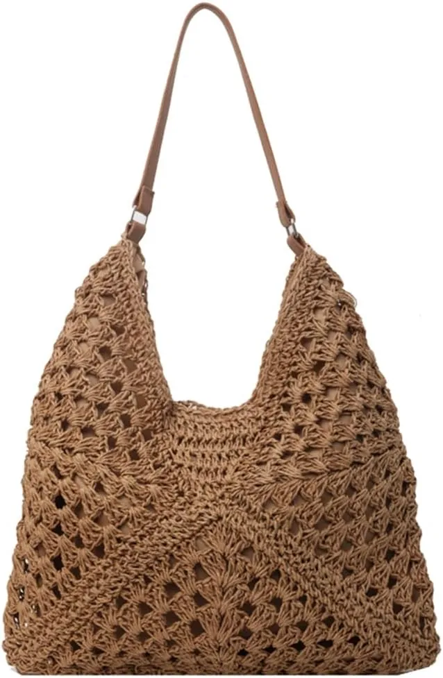 Summer Straw Bag Hollow Out Beach Shoulder Bag Large Hobo Bag Solid Color Holiday Travel Handbag Boho Shoulder Purse