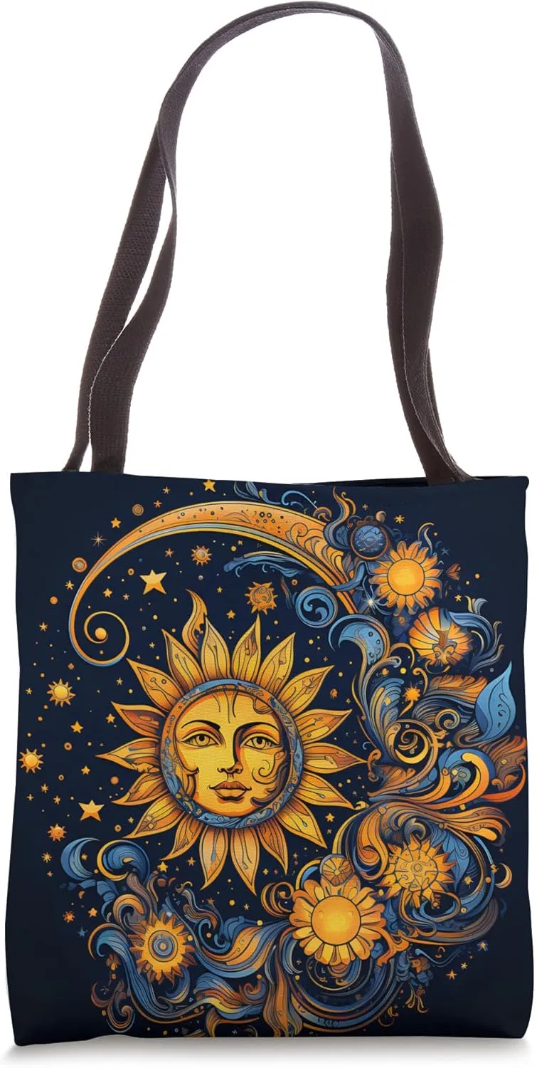 Sun and Moon Celestial Night Stars Sky Illustration Tote Bag