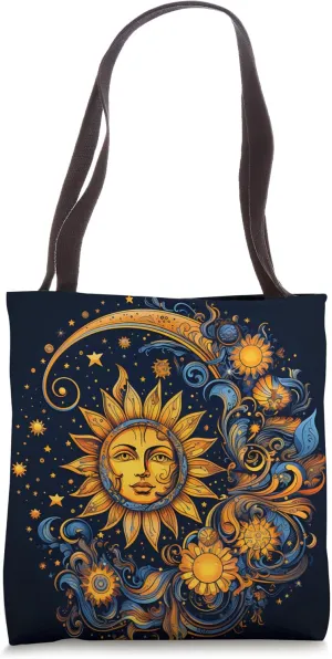 Sun and Moon Celestial Night Stars Sky Illustration Tote Bag