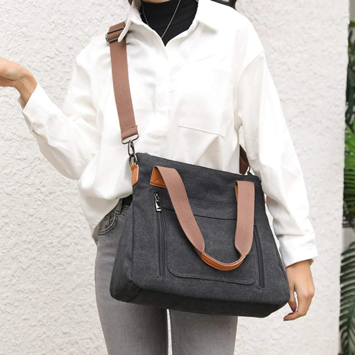 Sunshinejing Women's Canvas Tote Bag Work Shoulder Crossbody Bags Vintage Multi-pocket Handbags
