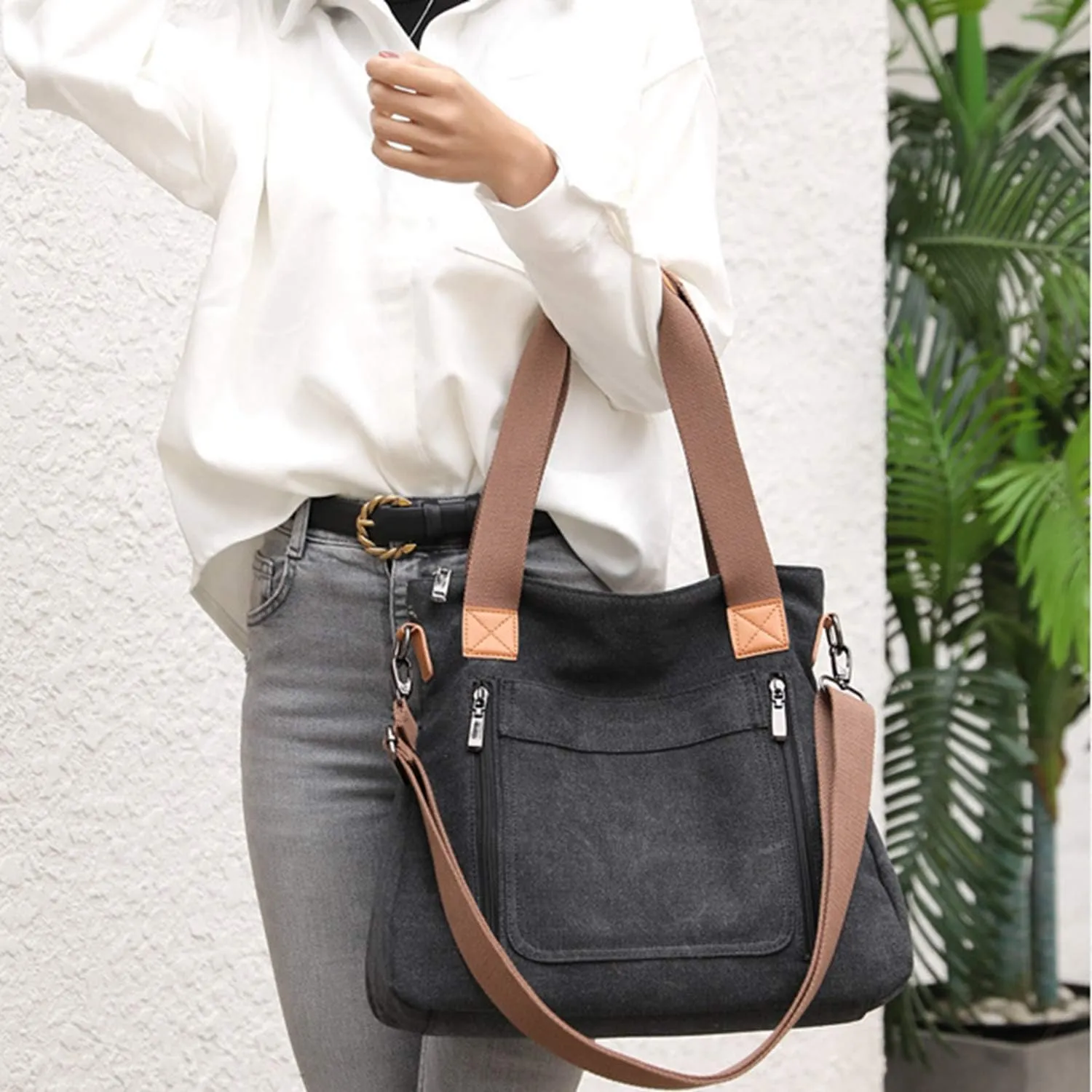 Sunshinejing Women's Canvas Tote Bag Work Shoulder Crossbody Bags Vintage Multi-pocket Handbags