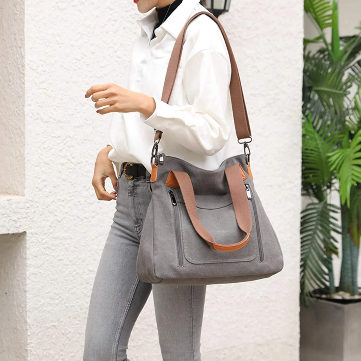 Sunshinejing Women's Canvas Tote Bag Work Shoulder Crossbody Bags Vintage Multi-pocket Handbags