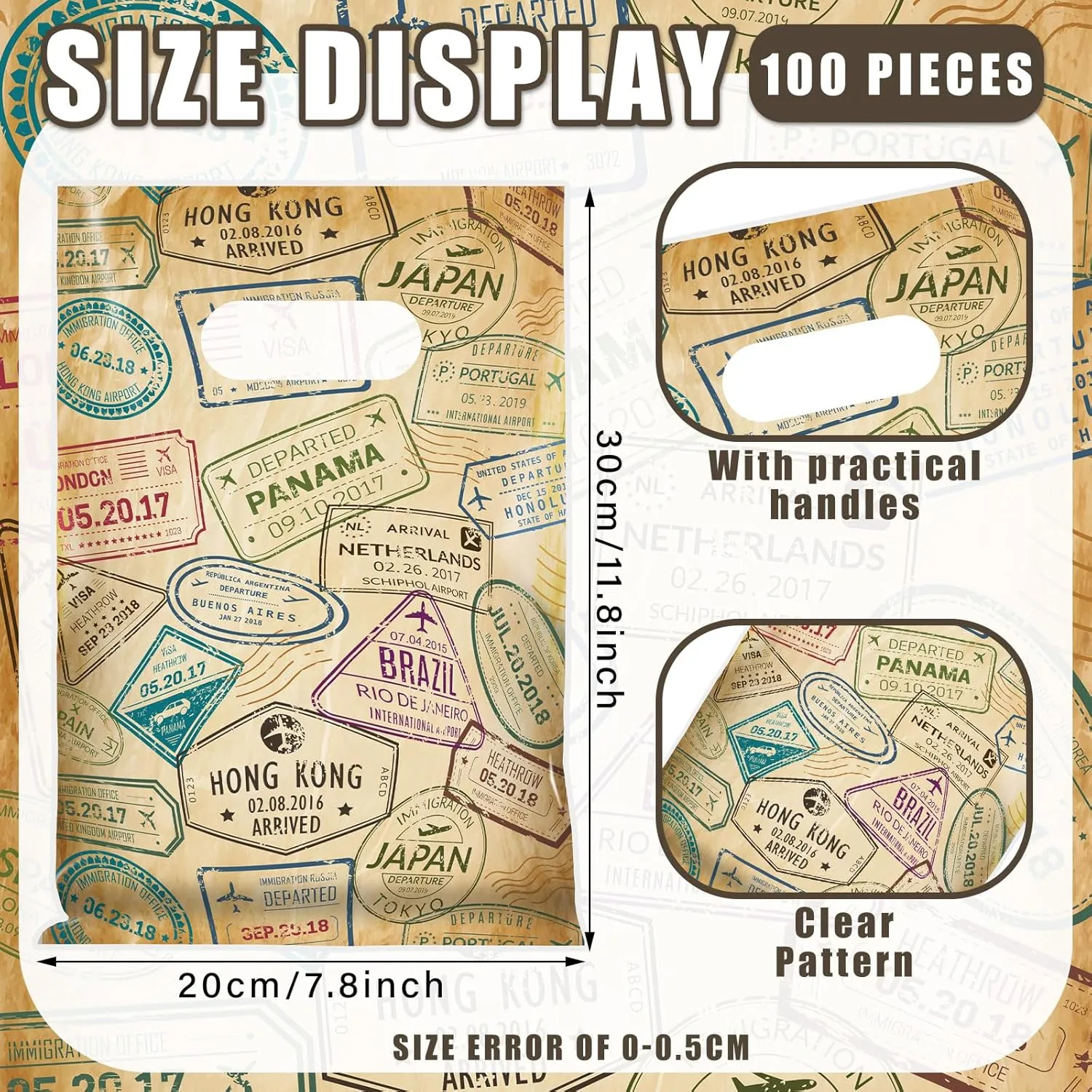 Supervitae 100 Pcs Travel Party Favors Bags Bulk 8 x 11.8 Inch Plastic Candy Cookies Treat Goody Bags with Handles for Birthday Theme Party Gift Decoration Favor Supplies