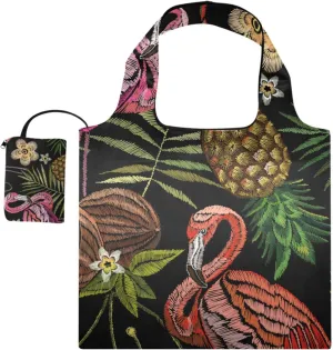 susiyo Embroidered Flamingo Foldable Reusable Grocery Shopping Tote Bag Heavy Duty Eco-friendly Travel Recycle Shoulder Bag Folding to fits in Pocket for Women Men