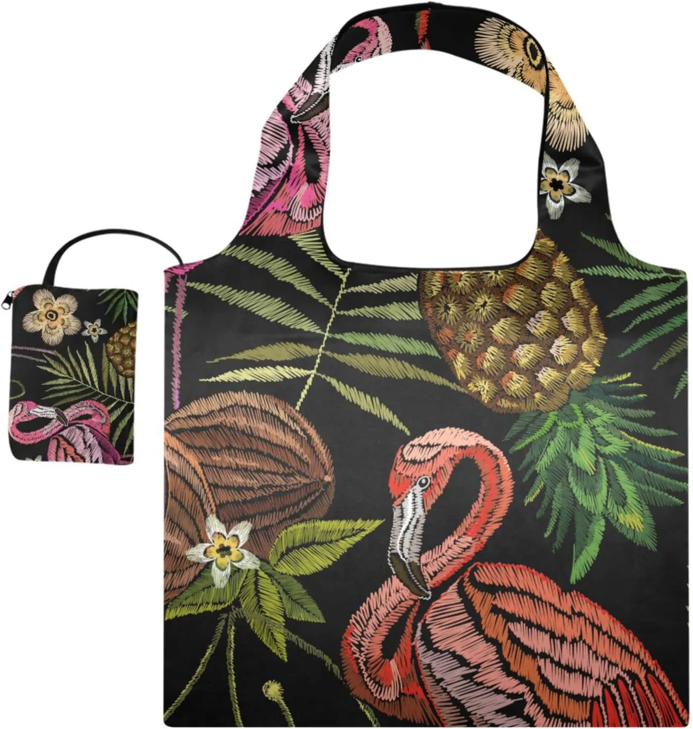 susiyo Embroidered Flamingo Foldable Reusable Grocery Shopping Tote Bag Heavy Duty Eco-friendly Travel Recycle Shoulder Bag Folding to fits in Pocket for Women Men