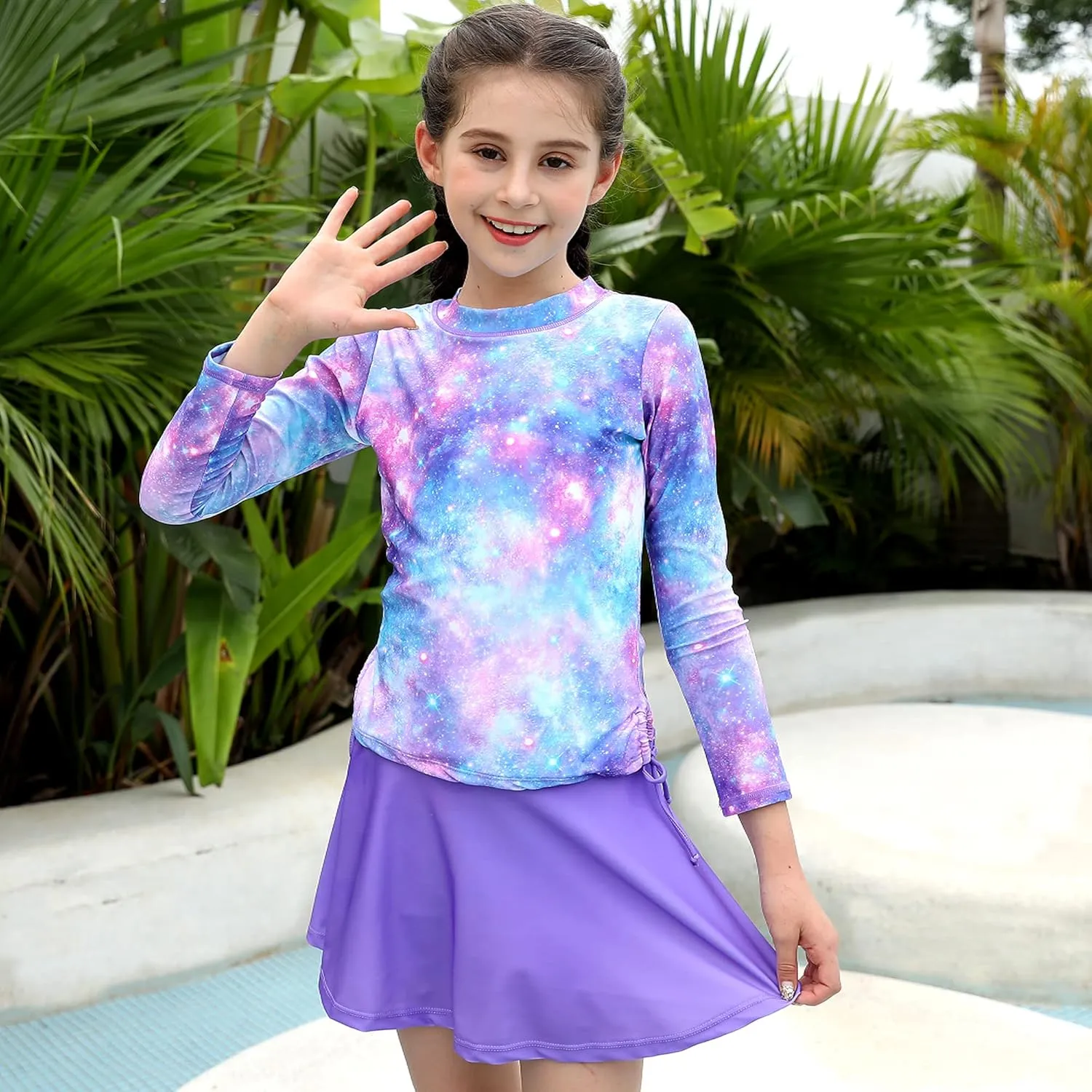 swimsobo Girls Rash Guard Two Pieces Bathing Suit Long Sleeve Swimsuit Swimming Skirt with Shorts Swimwear 3-12T