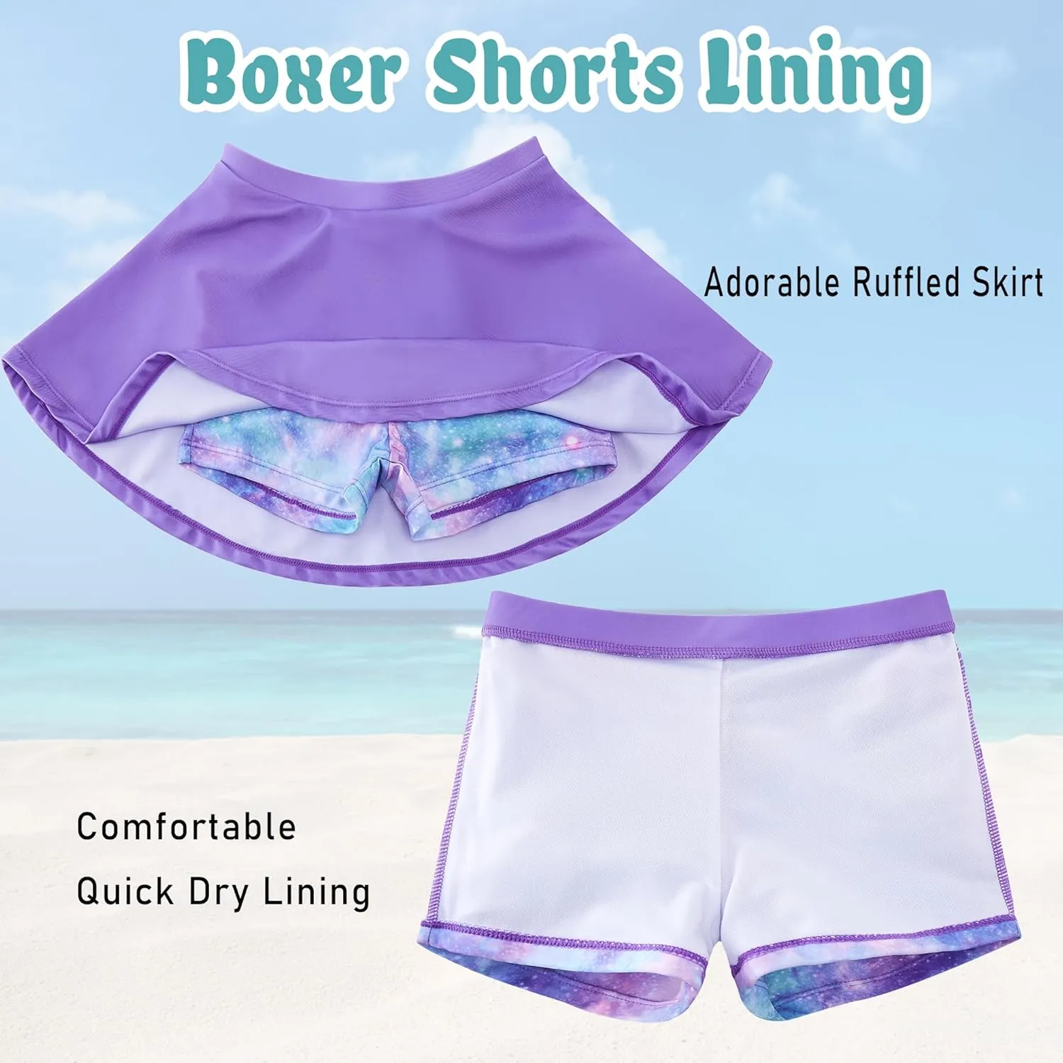 swimsobo Girls Rash Guard Two Pieces Bathing Suit Long Sleeve Swimsuit Swimming Skirt with Shorts Swimwear 3-12T