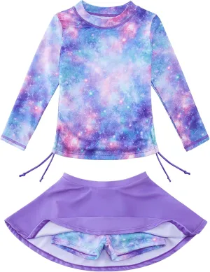 swimsobo Girls Rash Guard Two Pieces Bathing Suit Long Sleeve Swimsuit Swimming Skirt with Shorts Swimwear 3-12T