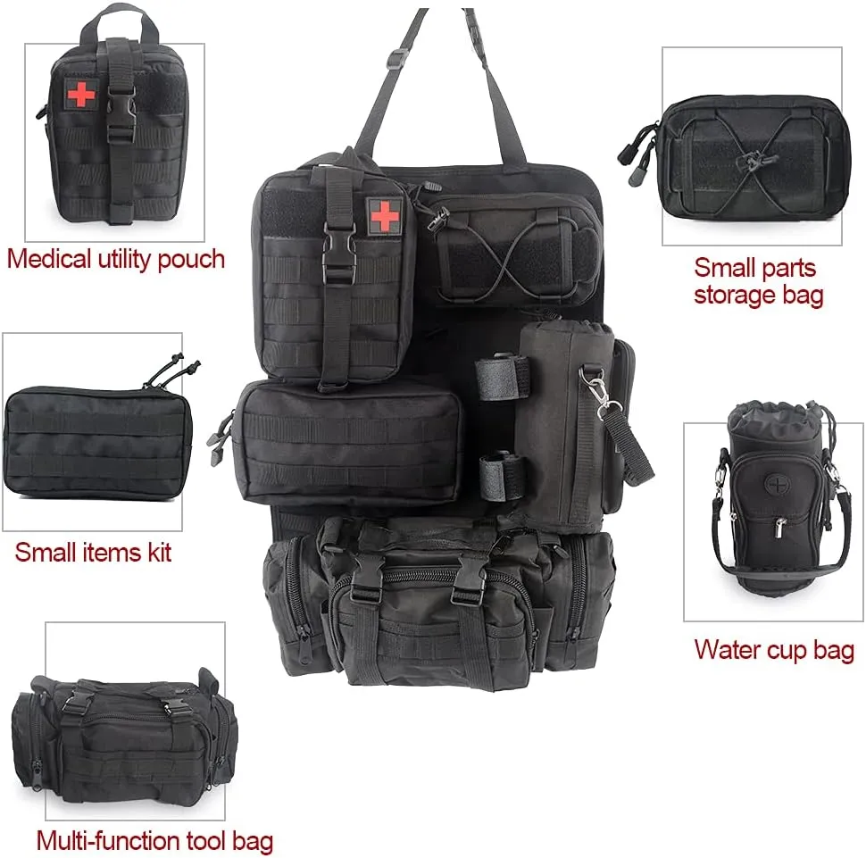 Tactical Car Seat Back Organizer Bag for Truck -with 5 Detachable Molle Pouch- 3 Different Size Admin Organizer(with Multi-Pocket) &1 Water Bottle Bag &1 Medical Kit(for All Vehicle)