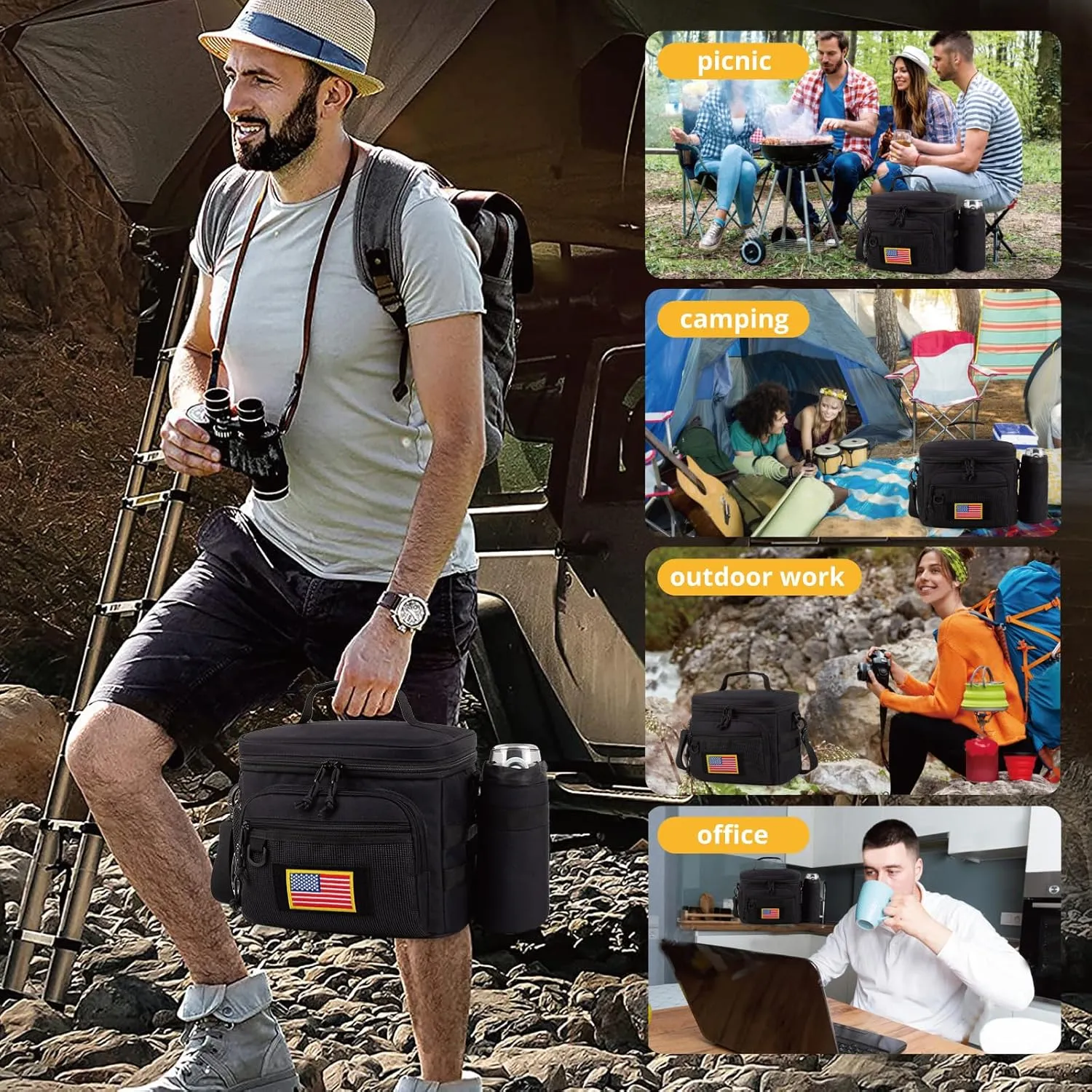 Tactical Reusable Lunch Bag for Men/Women - Insulated Lunch Box Leakproof Lunch Pail Freezable with Adjustable Shoulder Strap,Lunch Cooler Bag for Work Office Picnic Beach，Black