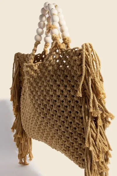Tan Fringe Woven Beach Tote