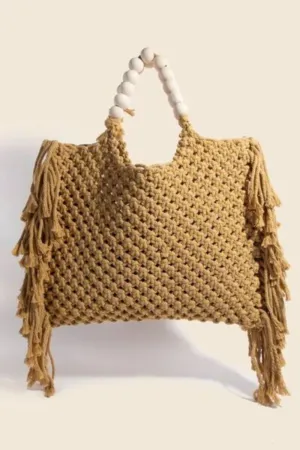Tan Fringe Woven Beach Tote