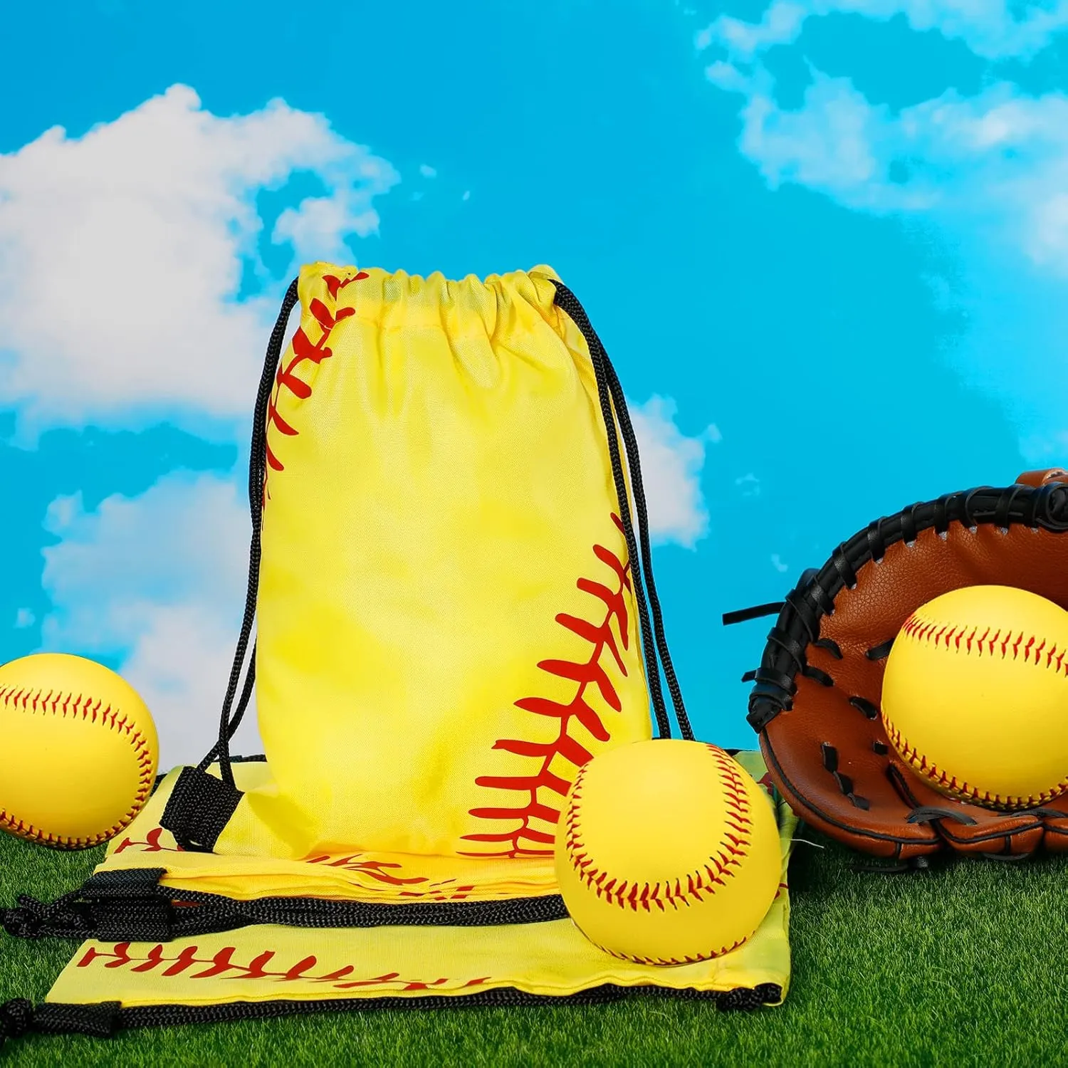 Tanlade 24 Pcs Sport Drawstring Bags Cinch Sack Candy Drawstring Bag Sport Party Goodie Favor Bags Supplies Gifts for Sports Party Men Women (Softball,7 x 10 Inch)