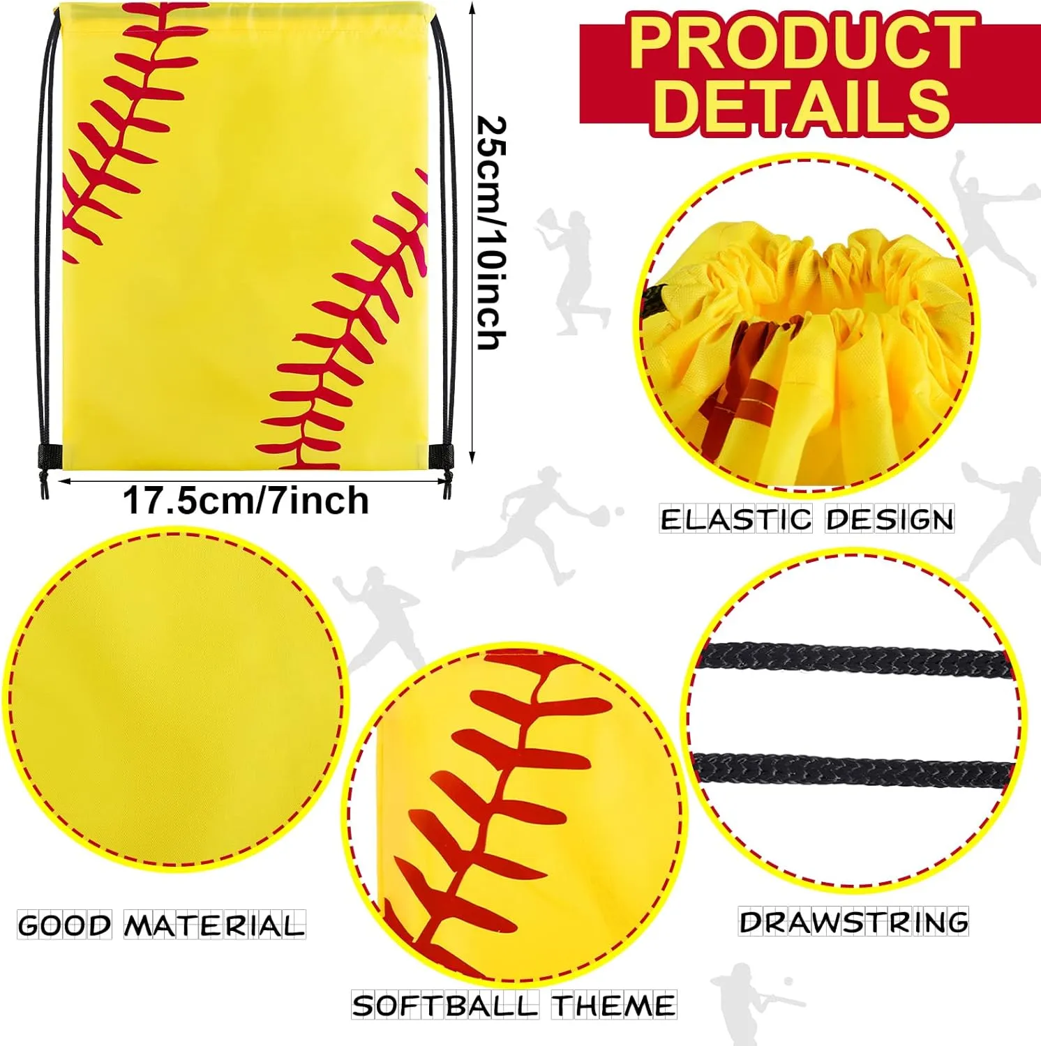 Tanlade 24 Pcs Sport Drawstring Bags Cinch Sack Candy Drawstring Bag Sport Party Goodie Favor Bags Supplies Gifts for Sports Party Men Women (Softball,7 x 10 Inch)