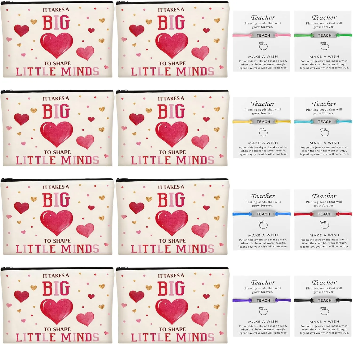 Teacher Appreciation Gifts, 8 Pcs Makeup Pouch Cosmetic Bag and 8 Pcs Teach Blessing Card Bracelets, Mother's Day Teachers' Day Graduation Thank You Gift for Teacher