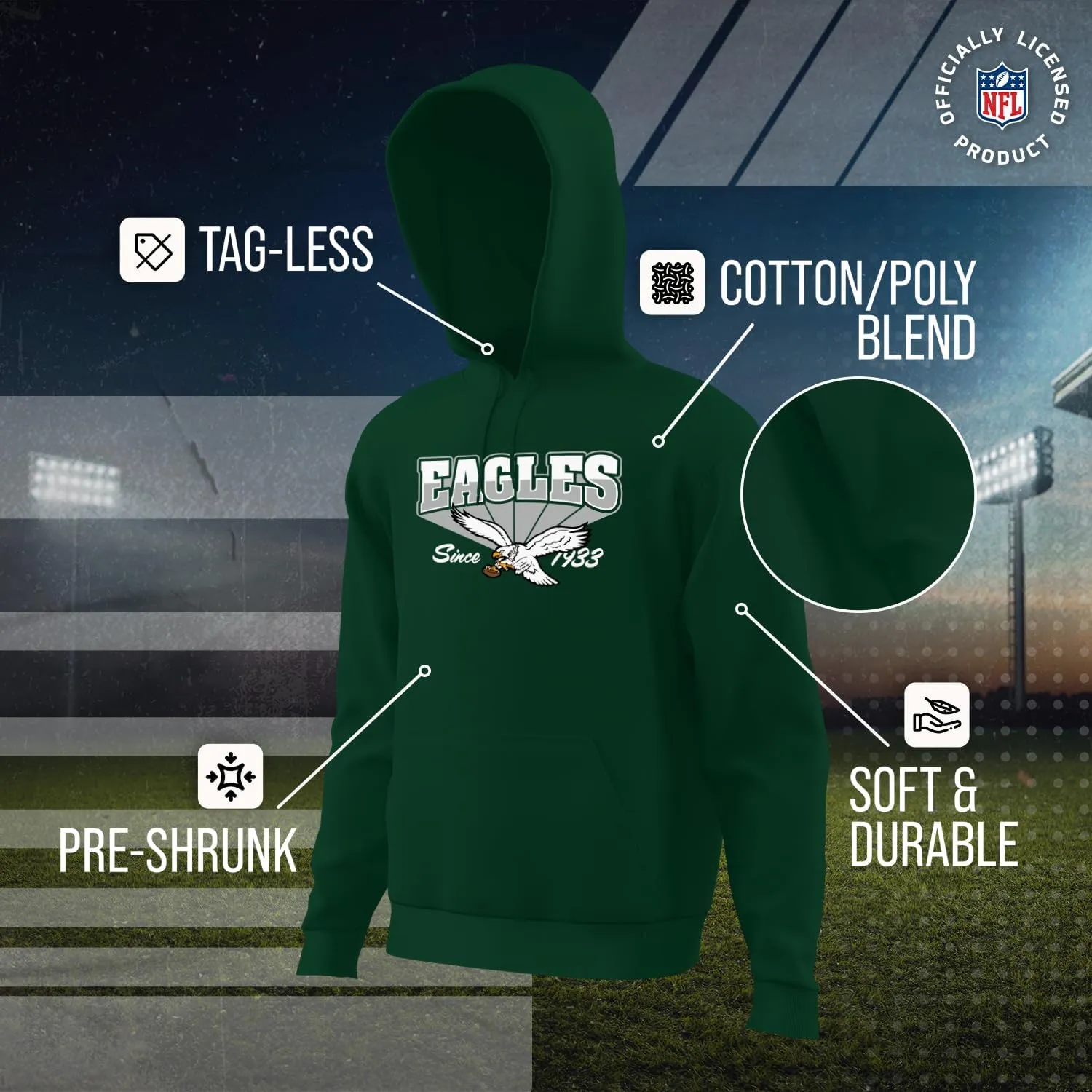 Team Fan Apparel NFL Adult Unisex Vintage Block Ultra Soft Fleece Hooded Sweatshirt, Officially Licensed Football Performance