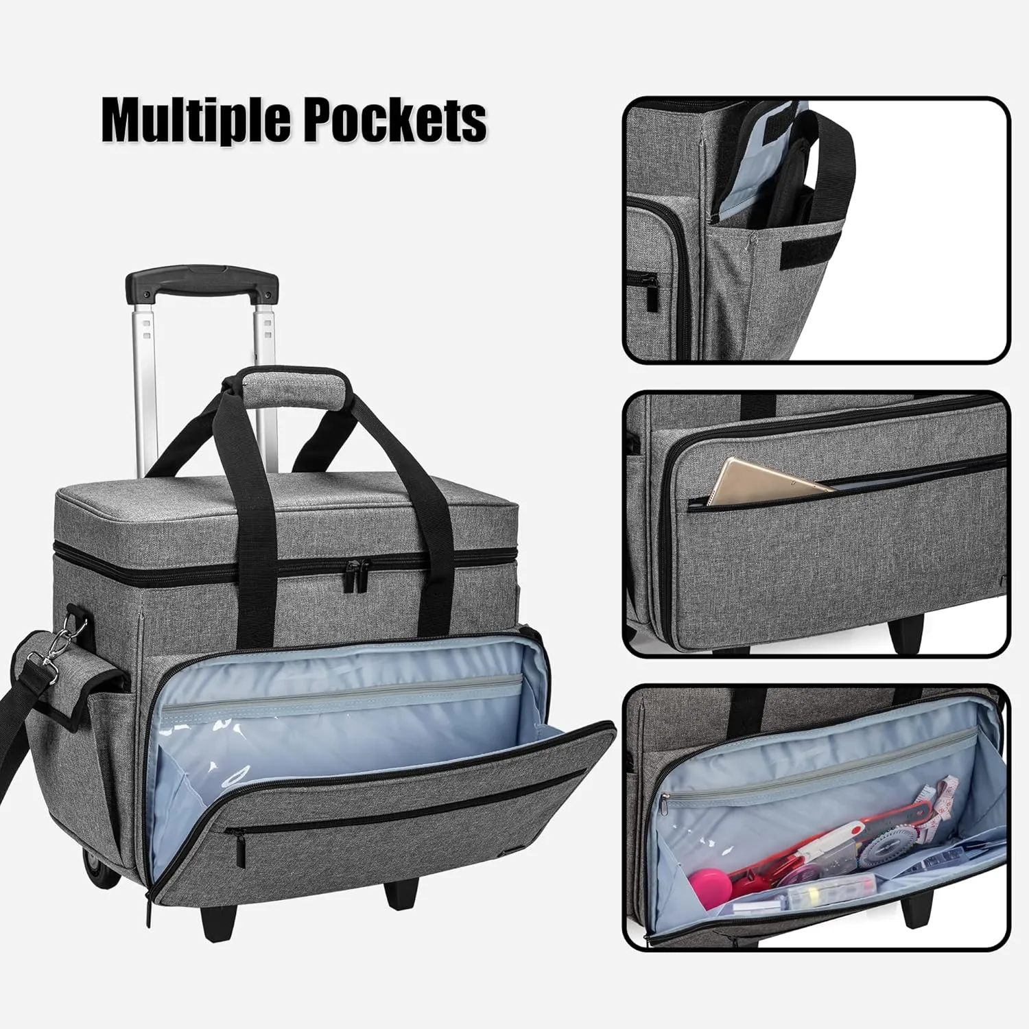 Teamoy Sewing Machine Case with Detachable Wheels, Rolling Sewing Machine Tote with Wheels and Bottom Wooden Pad, Compatible with Singer, Brother and Most Majority Machines and Accessories, Gray
