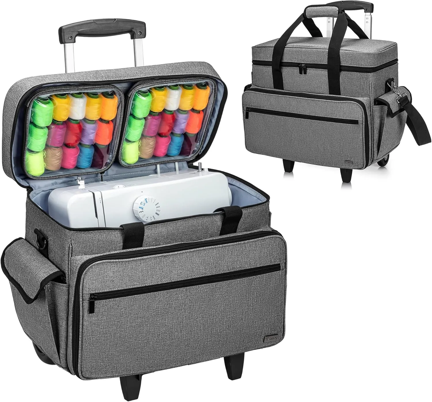 Teamoy Sewing Machine Case with Detachable Wheels, Rolling Sewing Machine Tote with Wheels and Bottom Wooden Pad, Compatible with Singer, Brother and Most Majority Machines and Accessories, Gray