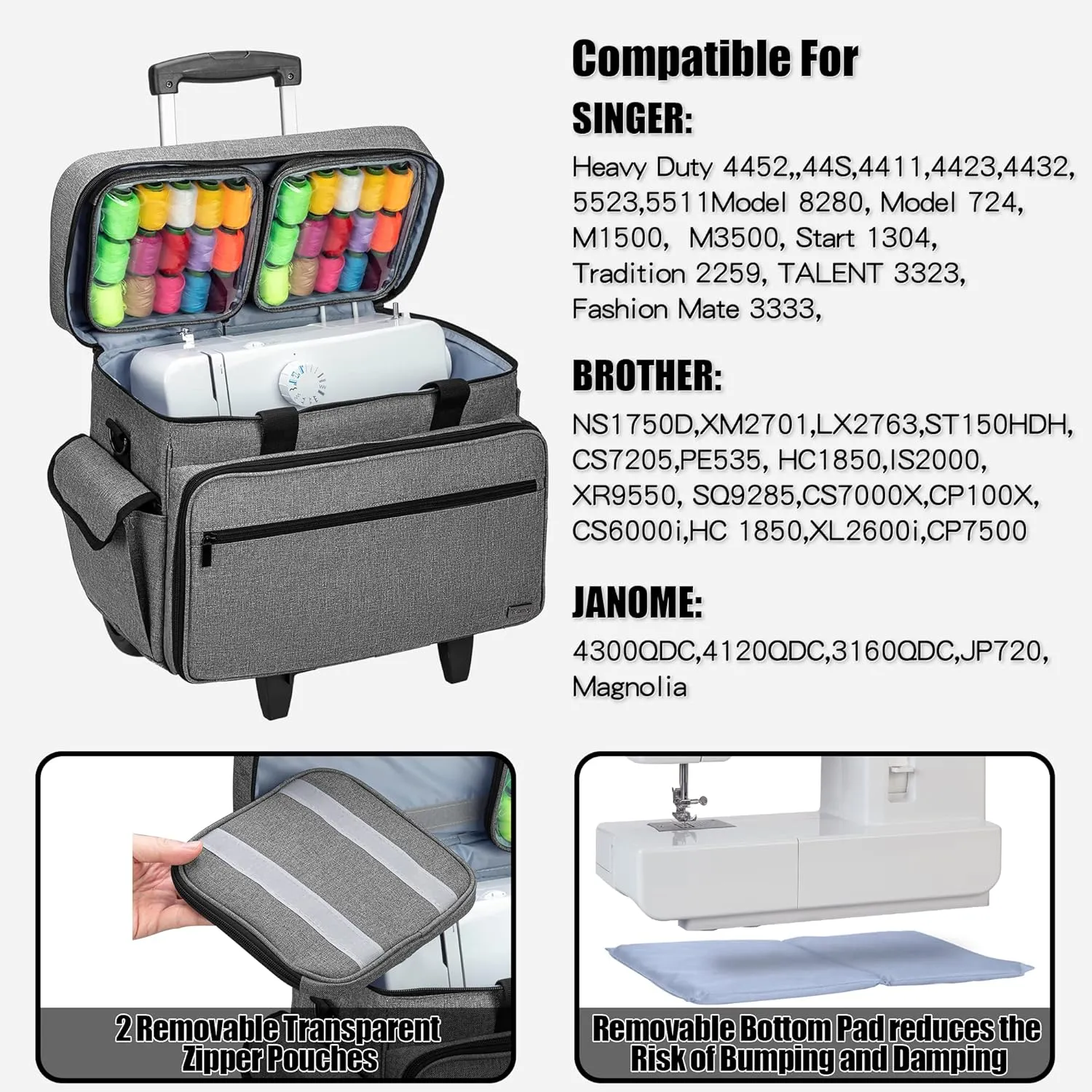 Teamoy Sewing Machine Case with Detachable Wheels, Rolling Sewing Machine Tote with Wheels and Bottom Wooden Pad, Compatible with Singer, Brother and Most Majority Machines and Accessories, Gray