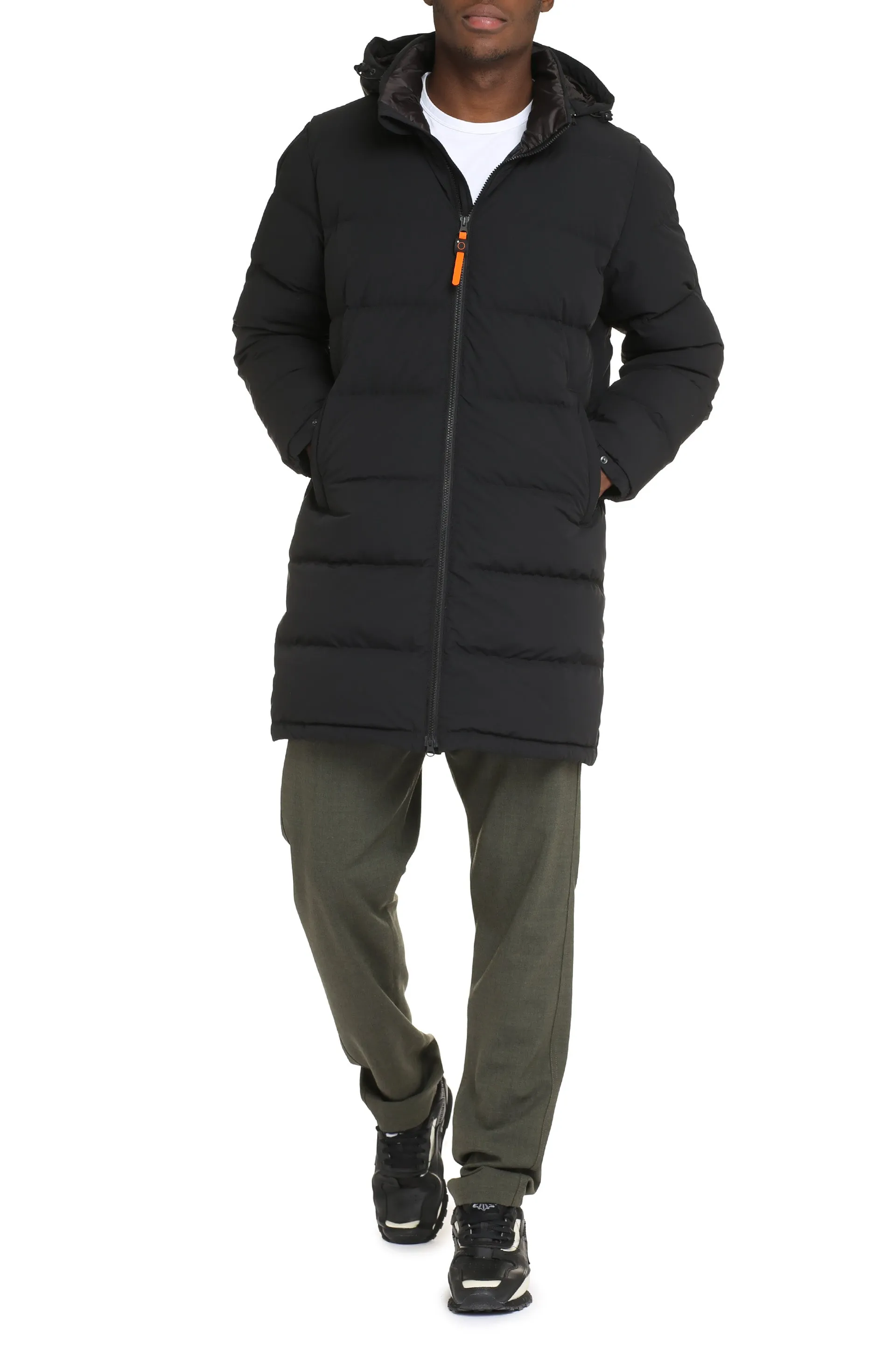 Techno fabric long down jacket