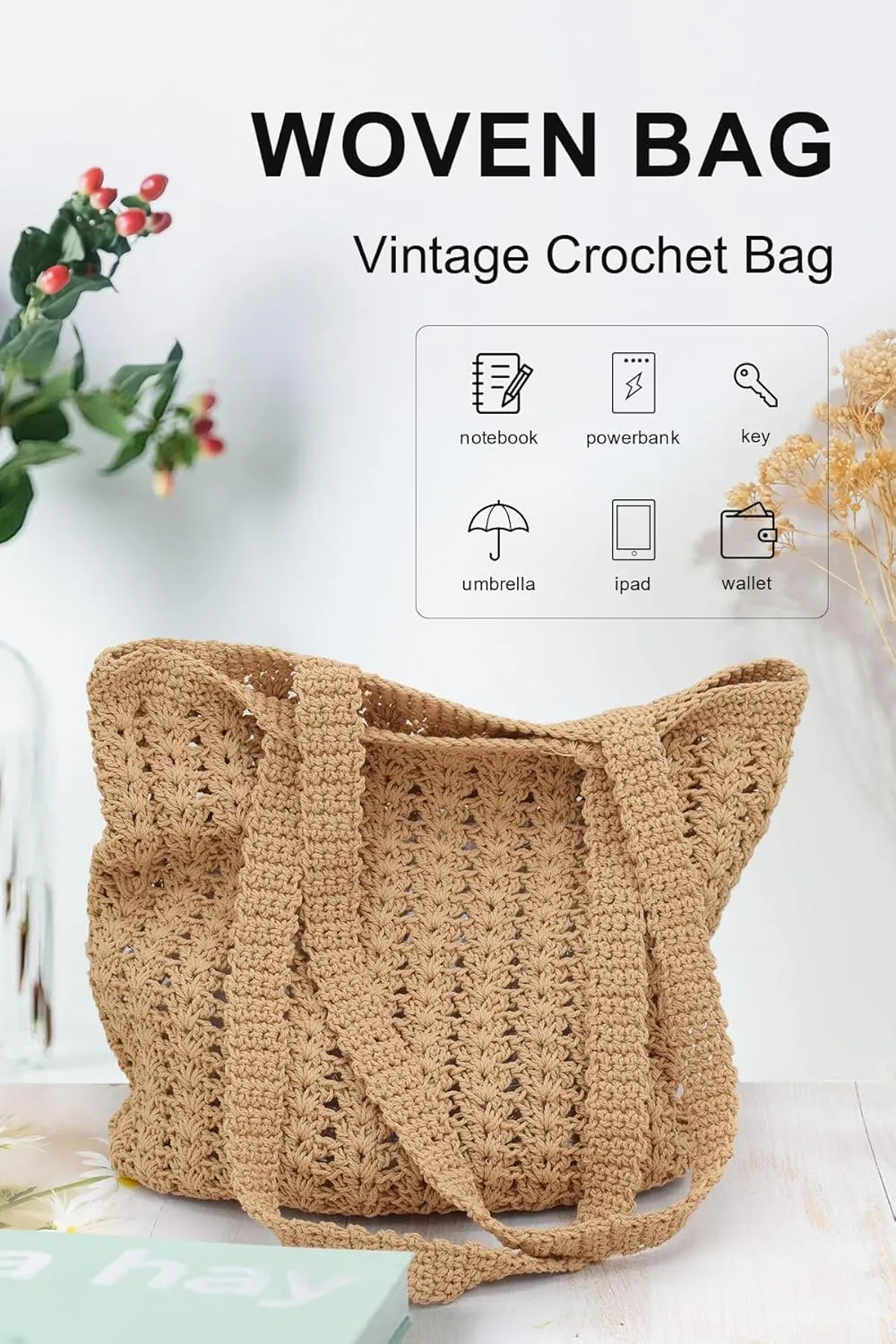 TeeYee Boho Crochet Summer Handbag Handmade Cotton Rope Knit Shoulder Bags for Women Bohemia Tote for Travel