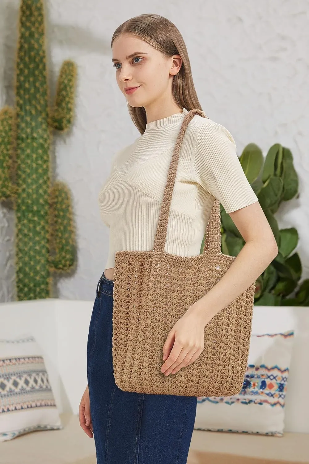 TeeYee Boho Crochet Summer Handbag Handmade Cotton Rope Knit Shoulder Bags for Women Bohemia Tote for Travel