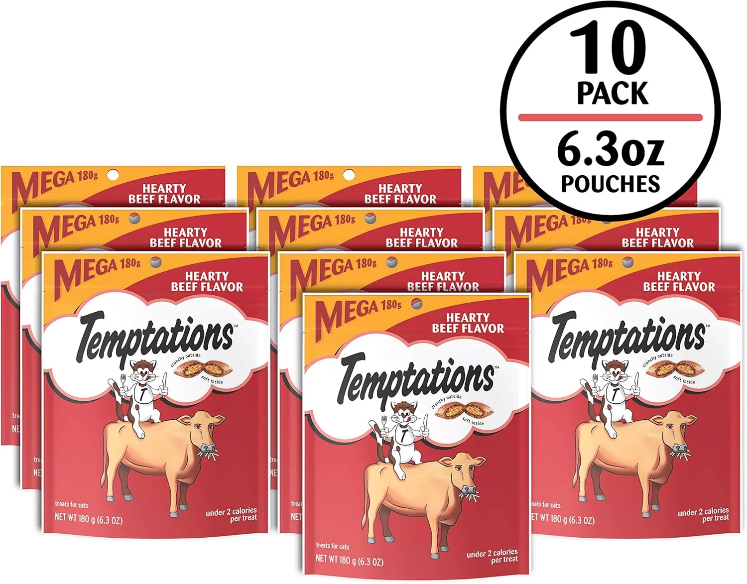 Temptations Classic Crunchy and Soft Cat Treats Hearty Beef Flavor, 6.3 oz. Pouch (Pack of 10)