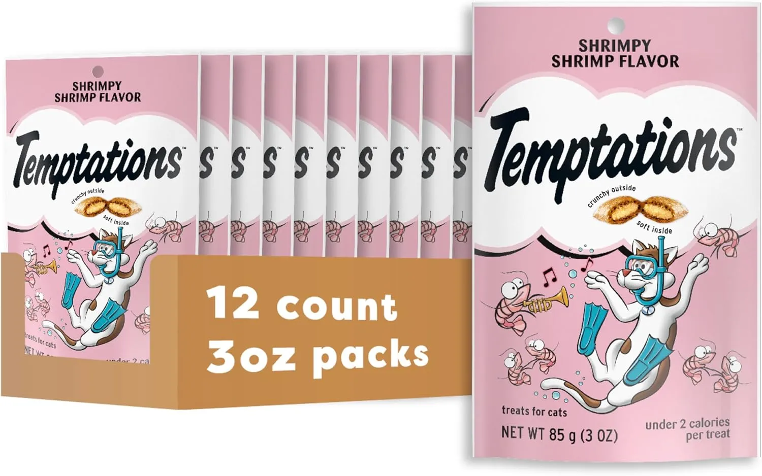 Temptations Classic Crunchy and Soft Cat Treats Shrimpy Shrimp Flavor, 3 oz. Pouch (Pack of 12)