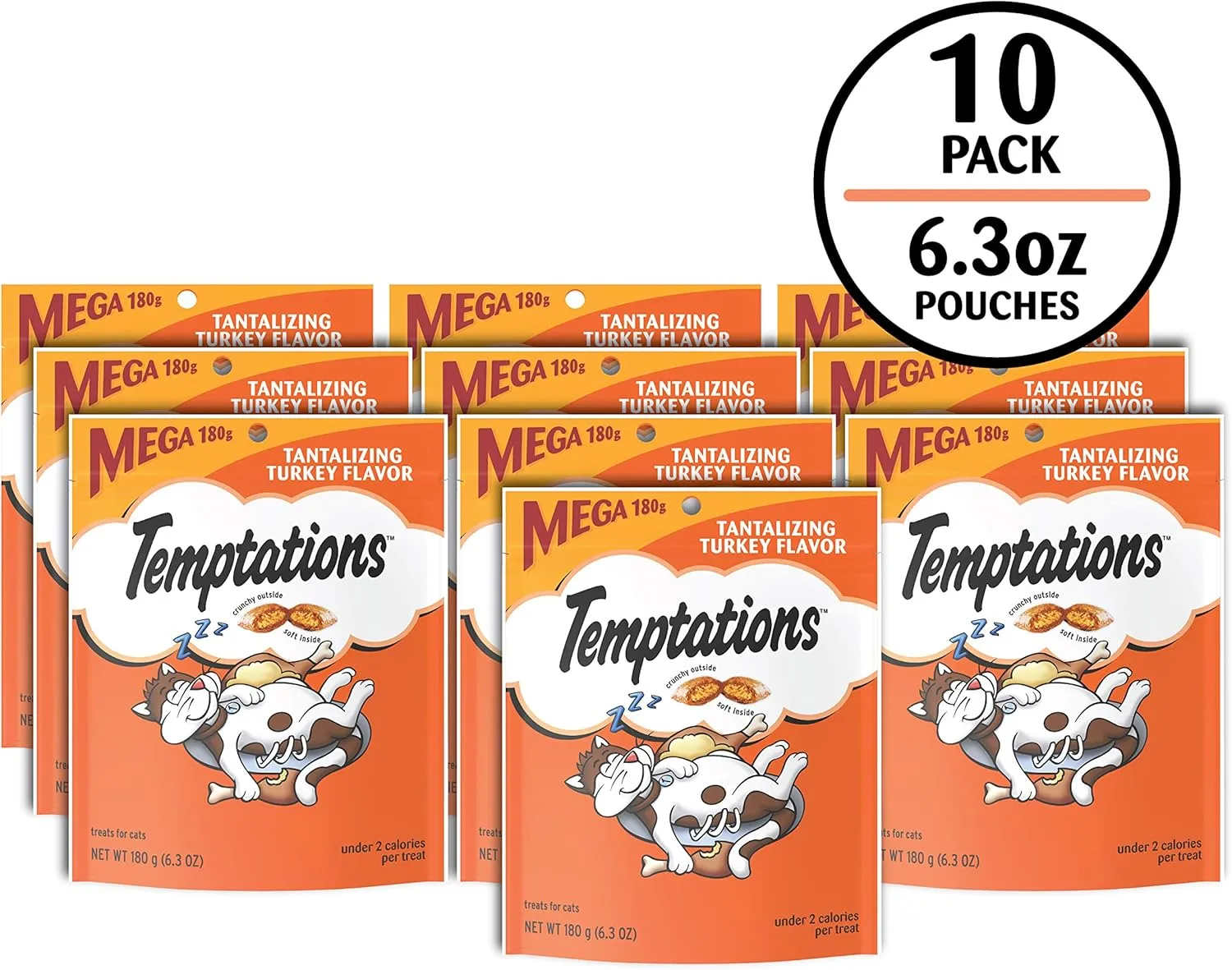 Temptations Classic Crunchy and Soft Cat Treats Tantalizing Turkey Flavor, 6.3 oz. Pouch (Pack of 10)