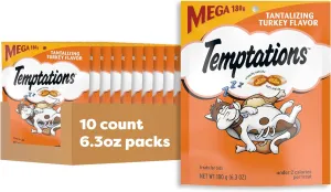 Temptations Classic Crunchy and Soft Cat Treats Tantalizing Turkey Flavor, 6.3 oz. Pouch (Pack of 10)